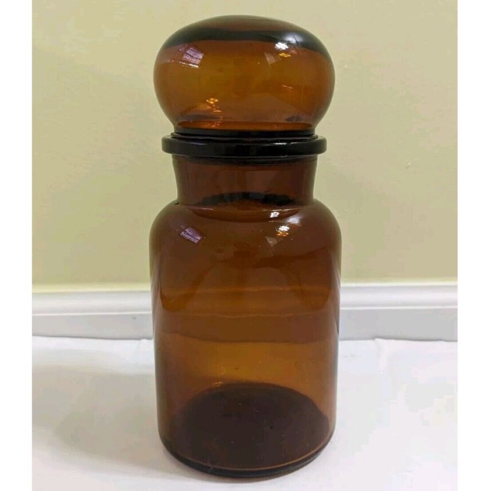 Amber Glass Storage Jar with Glass Bubble Stopper - Belgium Made